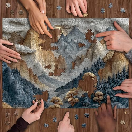 PICKFORU 1000 Piece Mountain Jigsaw Puzzle: Stylized Nature Landscape with Moonlit Peaks – Hard Challenge for Adults
