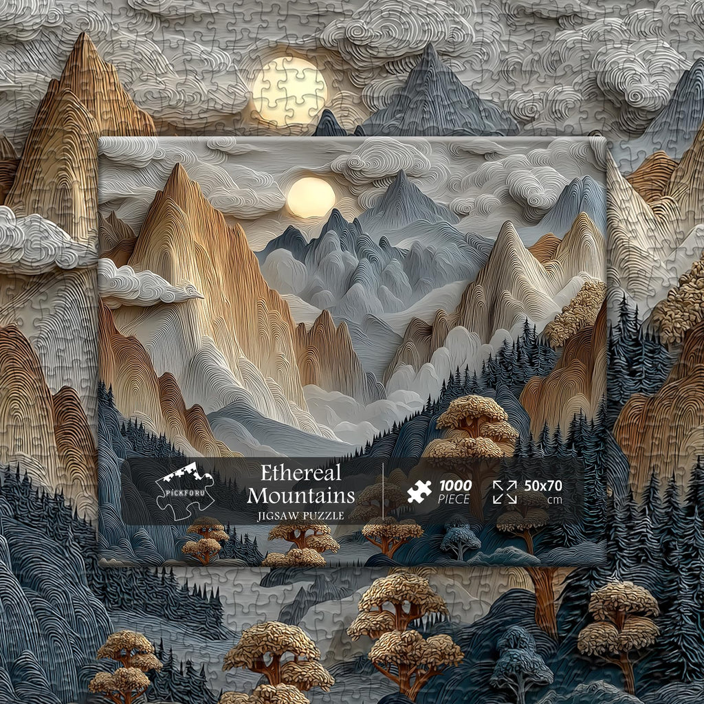 PICKFORU 1000 Piece Mountain Jigsaw Puzzle: Stylized Nature Landscape with Moonlit Peaks – Hard Challenge for Adults