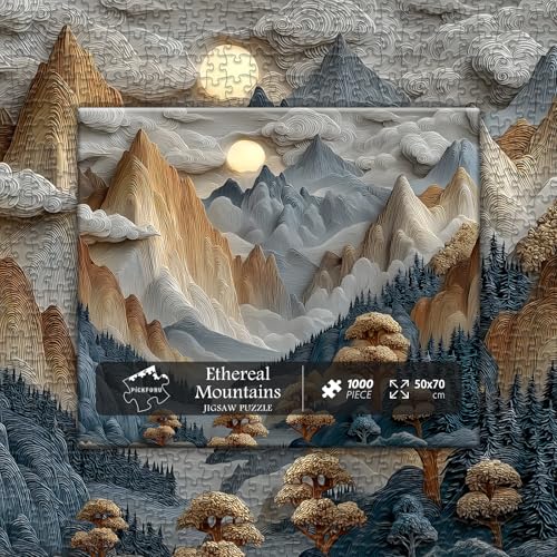 PICKFORU 1000 Piece Mountain Jigsaw Puzzle: Stylized Nature Landscape with Moonlit Peaks – Hard Challenge for Adults