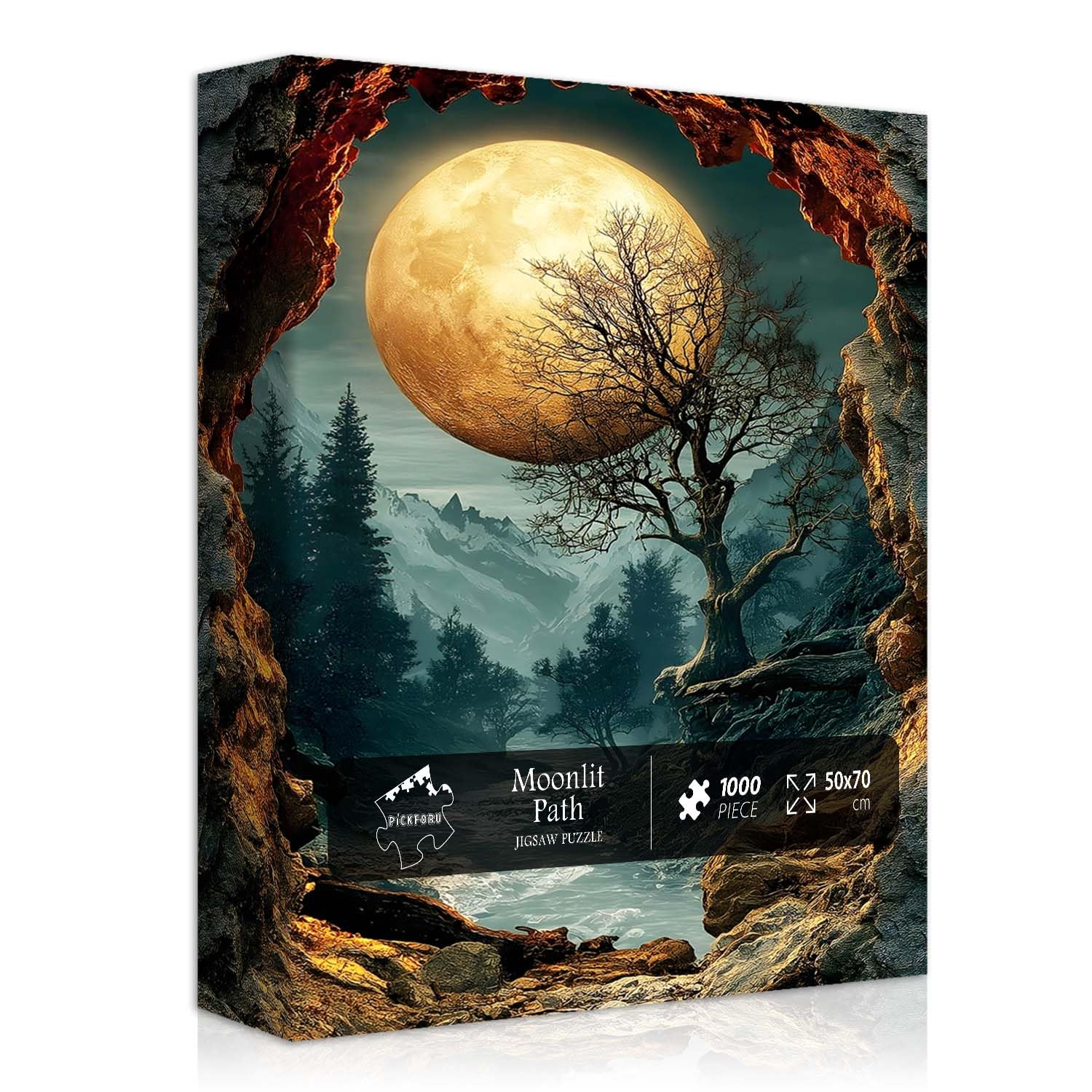 PICKFORU 1000-Piece Nature Puzzle – Fantasy Forest with Moon, Mountains & Trees – Scenic Jigsaw for Adults