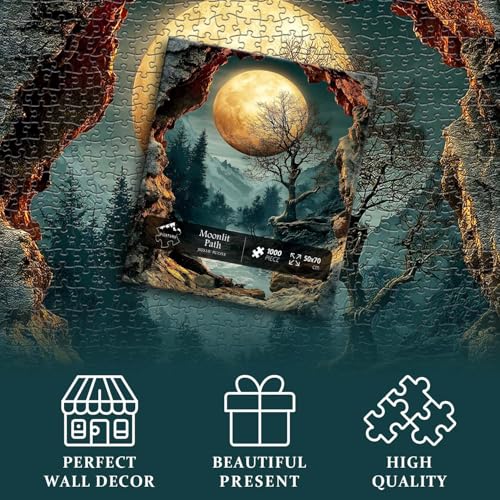 PICKFORU 1000-Piece Nature Puzzle – Fantasy Forest with Moon, Mountains & Trees – Scenic Jigsaw for Adults
