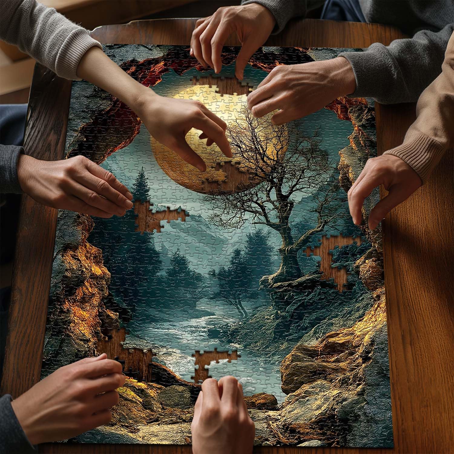 PICKFORU 1000-Piece Nature Puzzle – Fantasy Forest with Moon, Mountains & Trees – Scenic Jigsaw for Adults