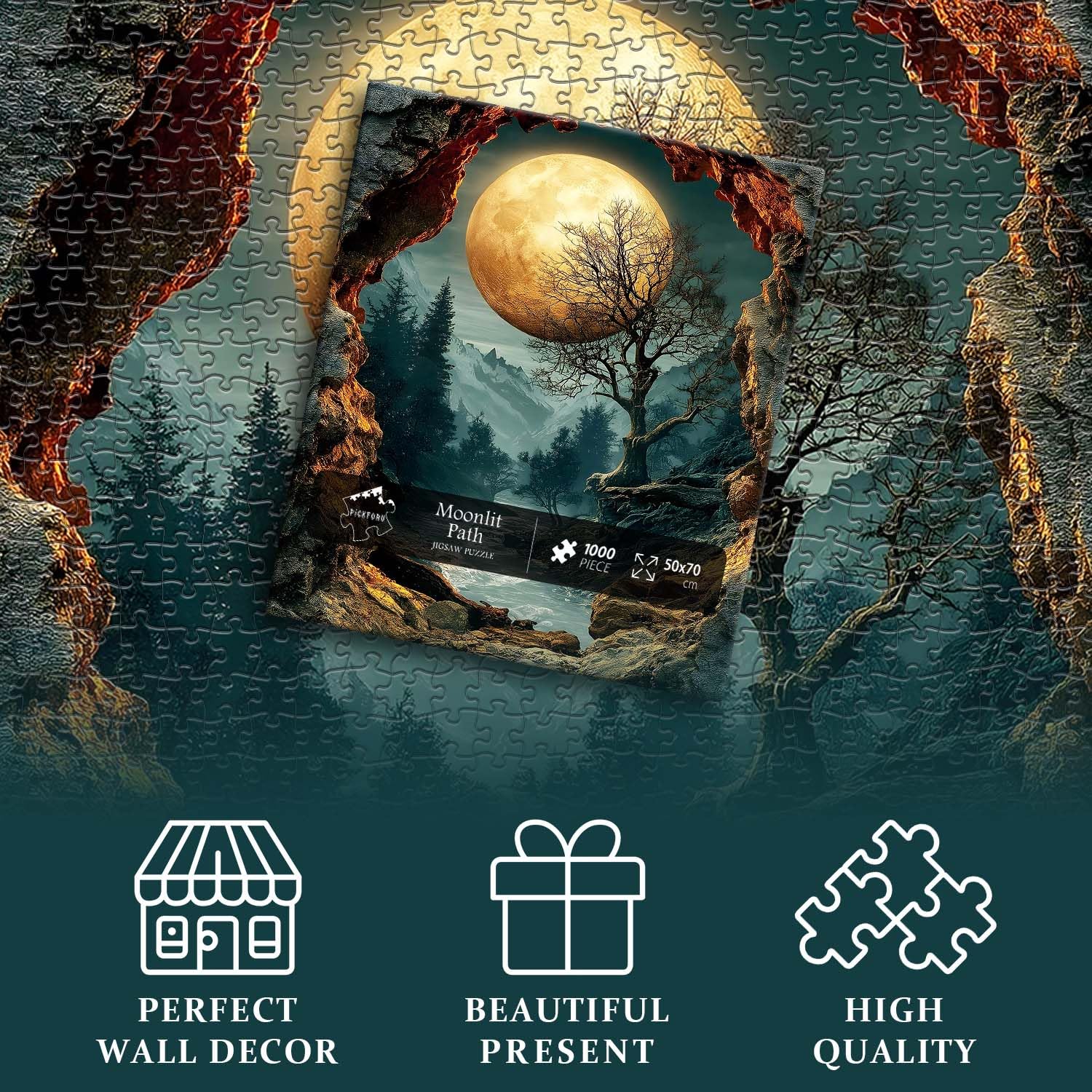 PICKFORU 1000-Piece Nature Puzzle – Fantasy Forest with Moon, Mountains & Trees – Scenic Jigsaw for Adults