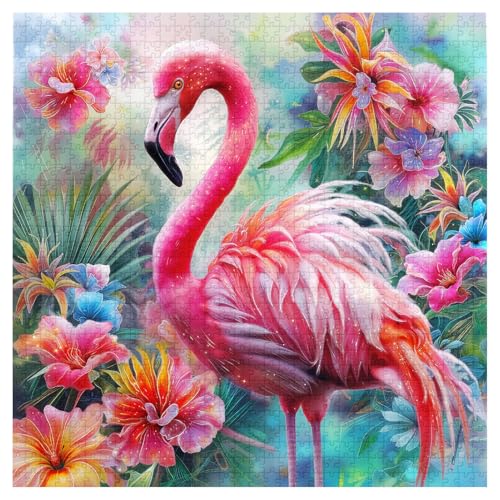 PICKFORU 1000-Piece Pink Flamingo Jigsaw Puzzle – Colorful Spring Garden Flowers