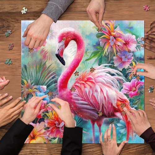 PICKFORU 1000-Piece Pink Flamingo Jigsaw Puzzle – Colorful Spring Garden Flowers
