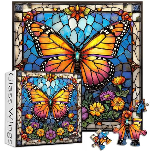 PICKFORU 1000 Piece Stained Glass Butterfly Puzzle – Colorful Wall Art for Adults