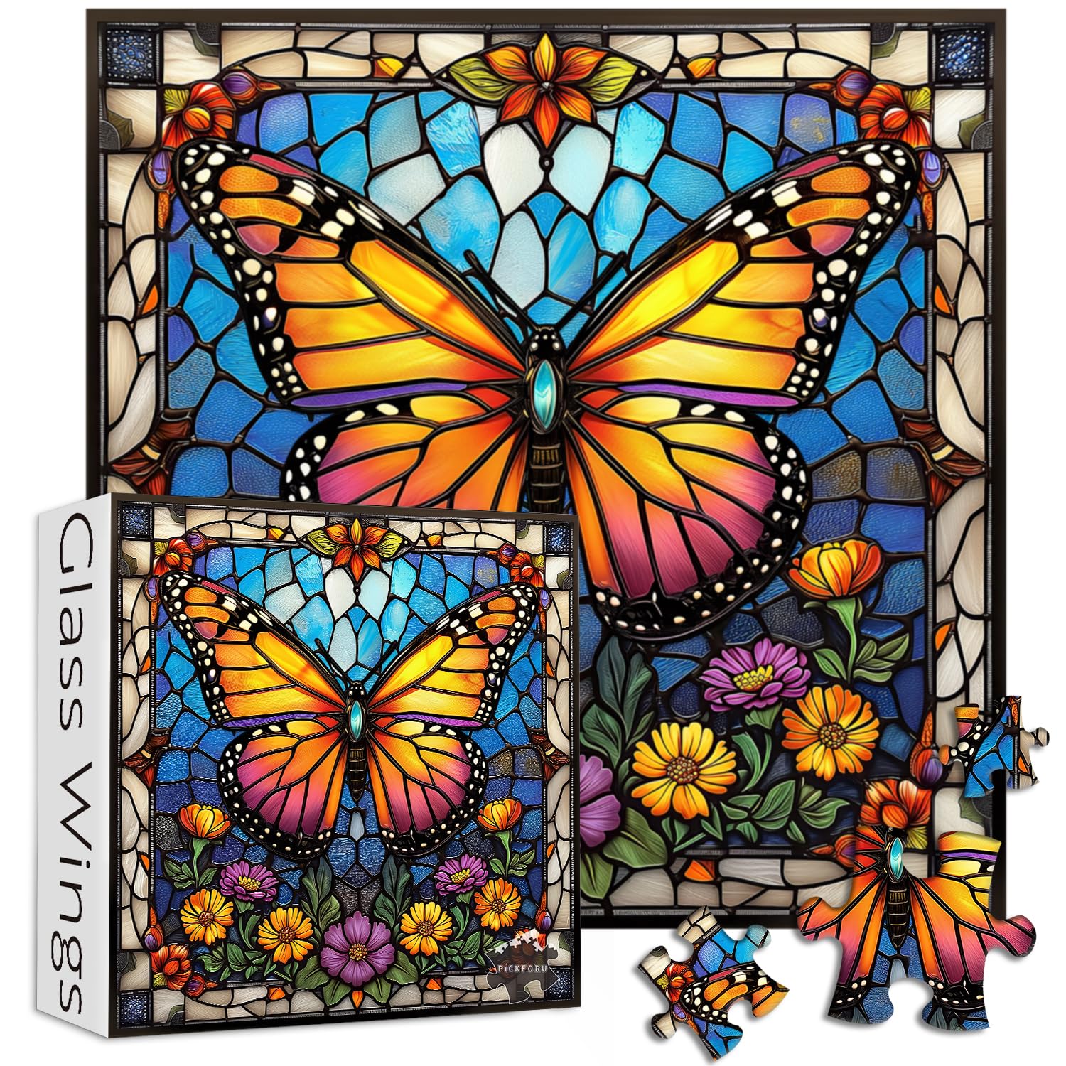 PICKFORU 1000 Piece Stained Glass Butterfly Puzzle – Colorful Wall Art for Adults