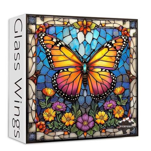 PICKFORU 1000 Piece Stained Glass Butterfly Puzzle – Colorful Wall Art for Adults