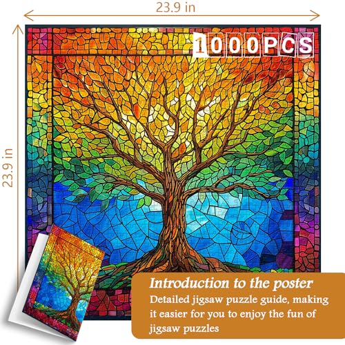 PICKFORU 1000 Piece Stained Glass Tree of Life Puzzle – Rainbow Mosaic Jigsaw for Adults