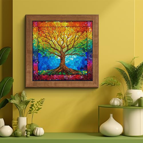 PICKFORU 1000 Piece Stained Glass Tree of Life Puzzle – Rainbow Mosaic Jigsaw for Adults