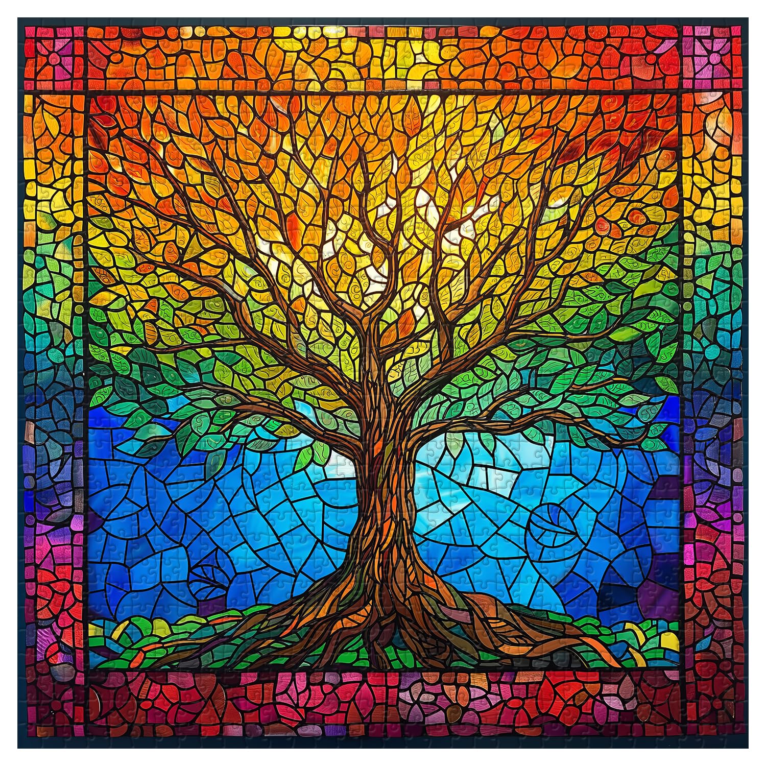 PICKFORU 1000 Piece Stained Glass Tree of Life Puzzle – Rainbow Mosaic Jigsaw for Adults