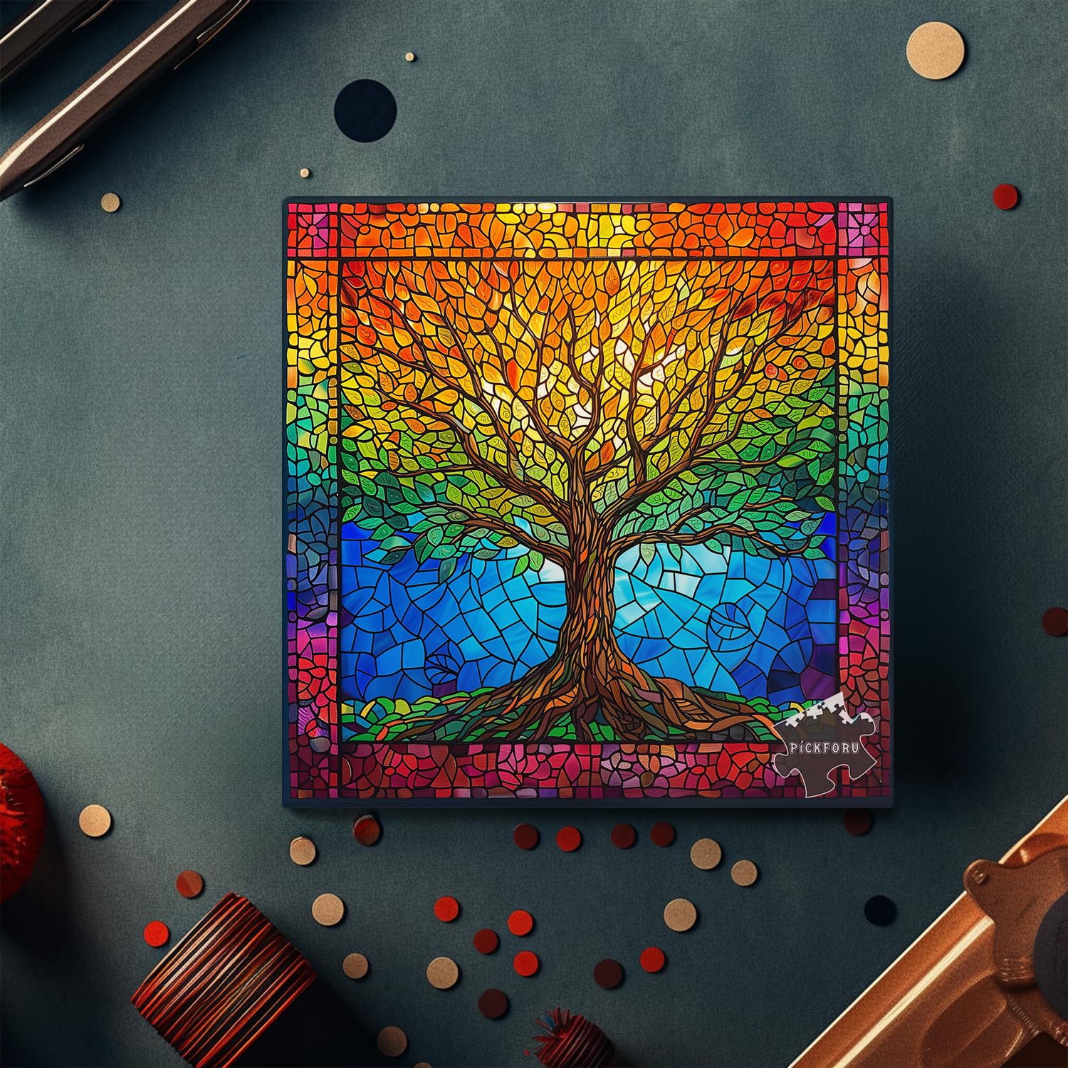 PICKFORU 1000 Piece Stained Glass Tree of Life Puzzle – Rainbow Mosaic Jigsaw for Adults