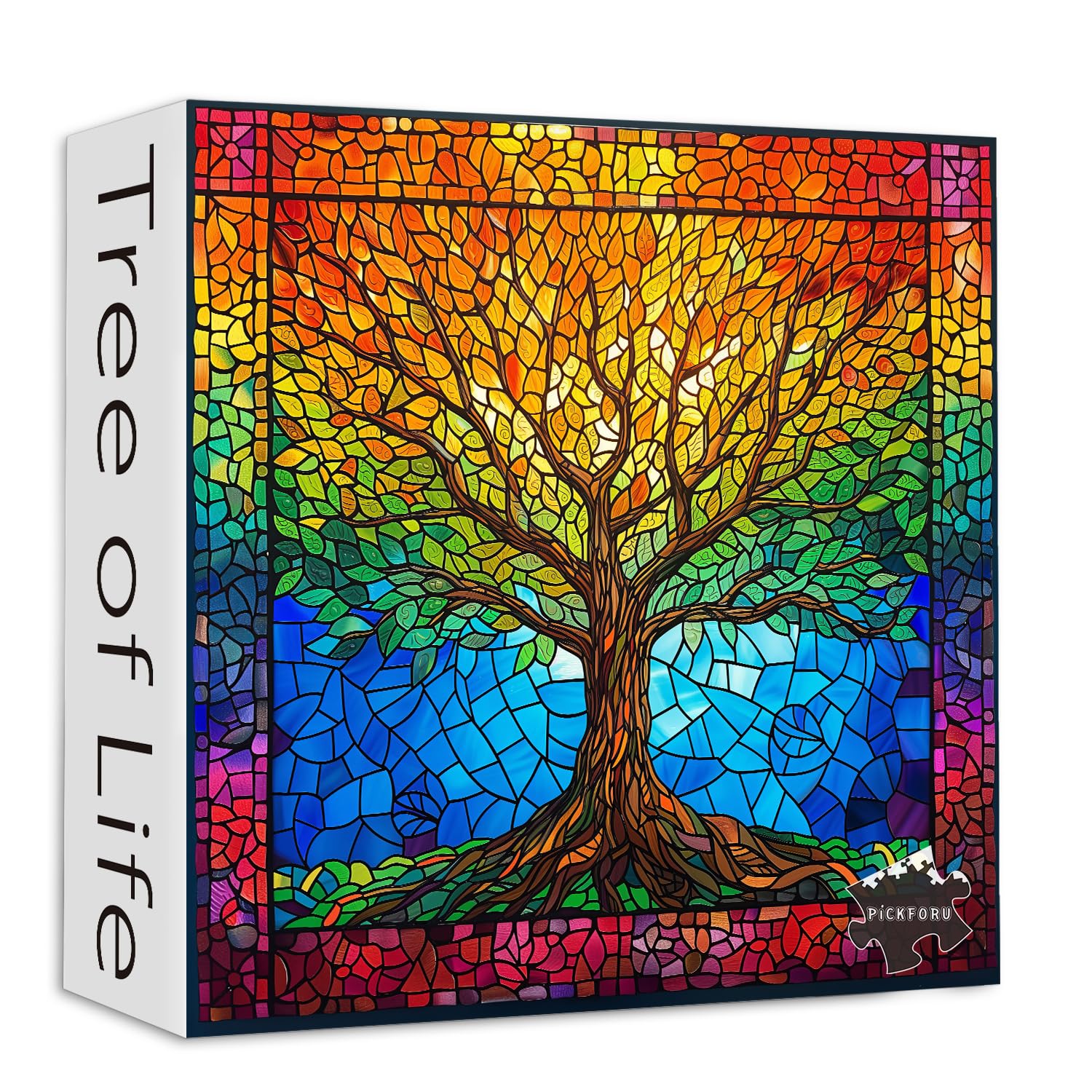 PICKFORU 1000 Piece Stained Glass Tree of Life Puzzle – Rainbow Mosaic Jigsaw for Adults