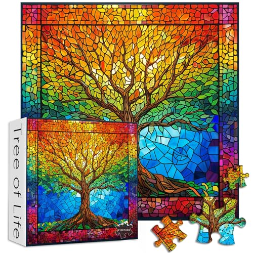 PICKFORU 1000 Piece Stained Glass Tree of Life Puzzle – Rainbow Mosaic Jigsaw for Adults