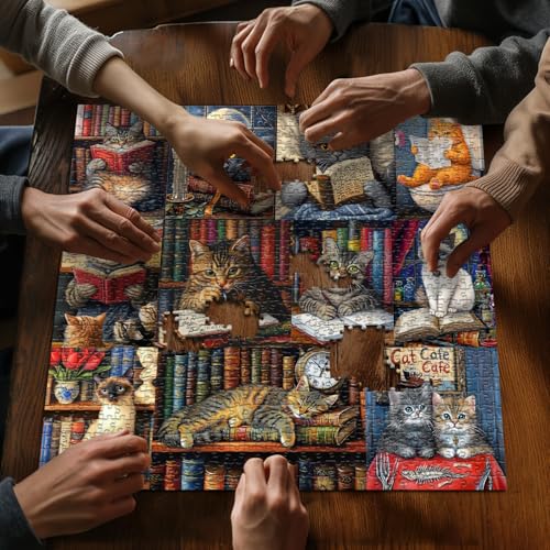 PICKFORU 1000-Piece Vintage Cat Library Jigsaw Puzzle for Adults – Retro Book Kitten Scene, 23.85 x 23.85 Inches