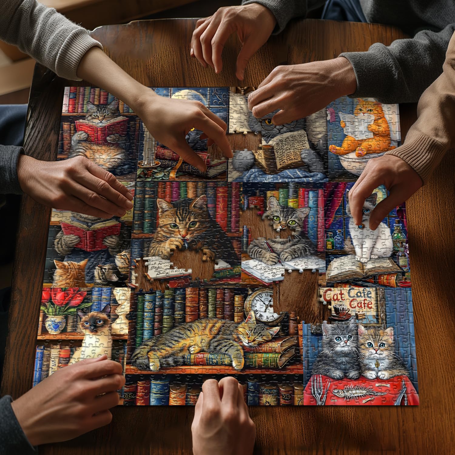 PICKFORU 1000-Piece Vintage Cat Library Jigsaw Puzzle for Adults – Retro Book Kitten Scene, 23.85 x 23.85 Inches