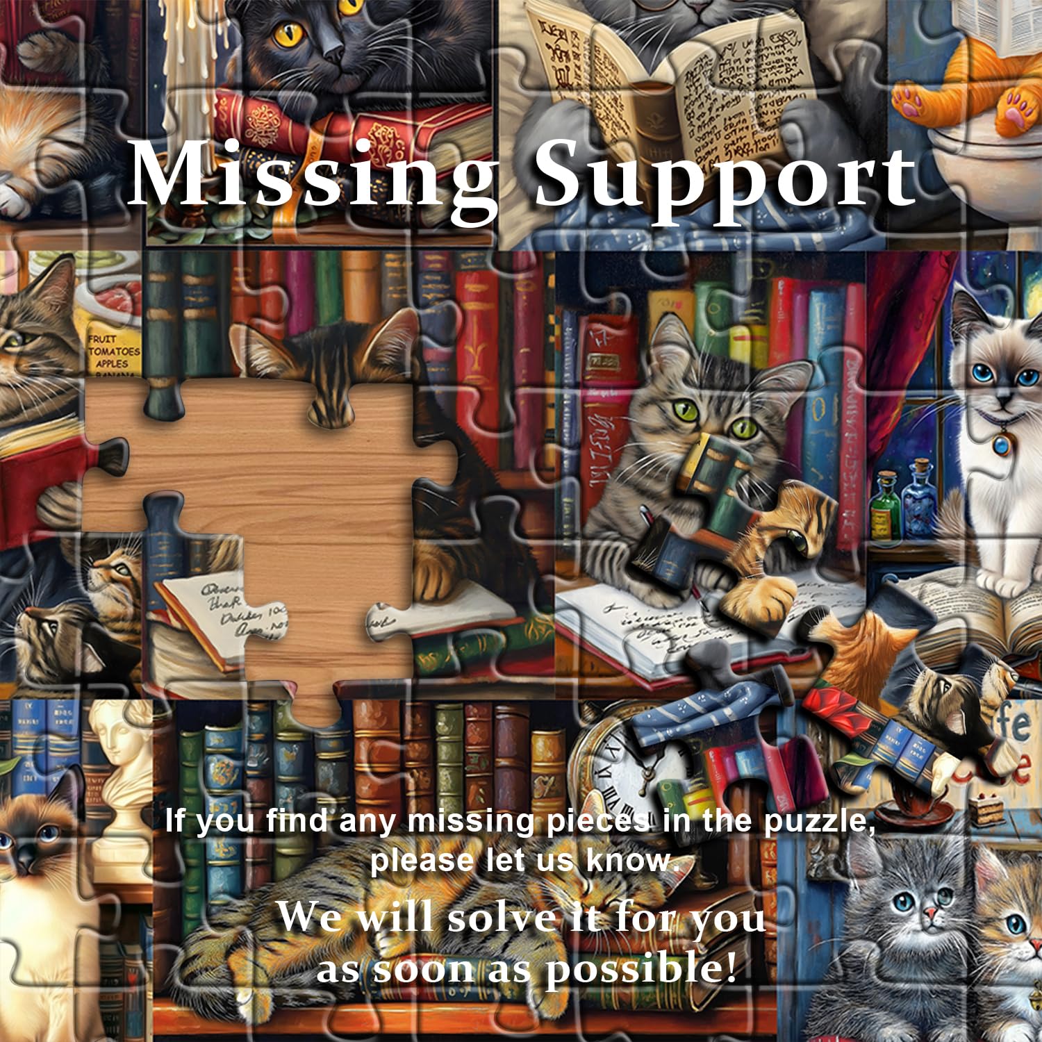 PICKFORU 1000-Piece Vintage Cat Library Jigsaw Puzzle for Adults – Retro Book Kitten Scene, 23.85 x 23.85 Inches