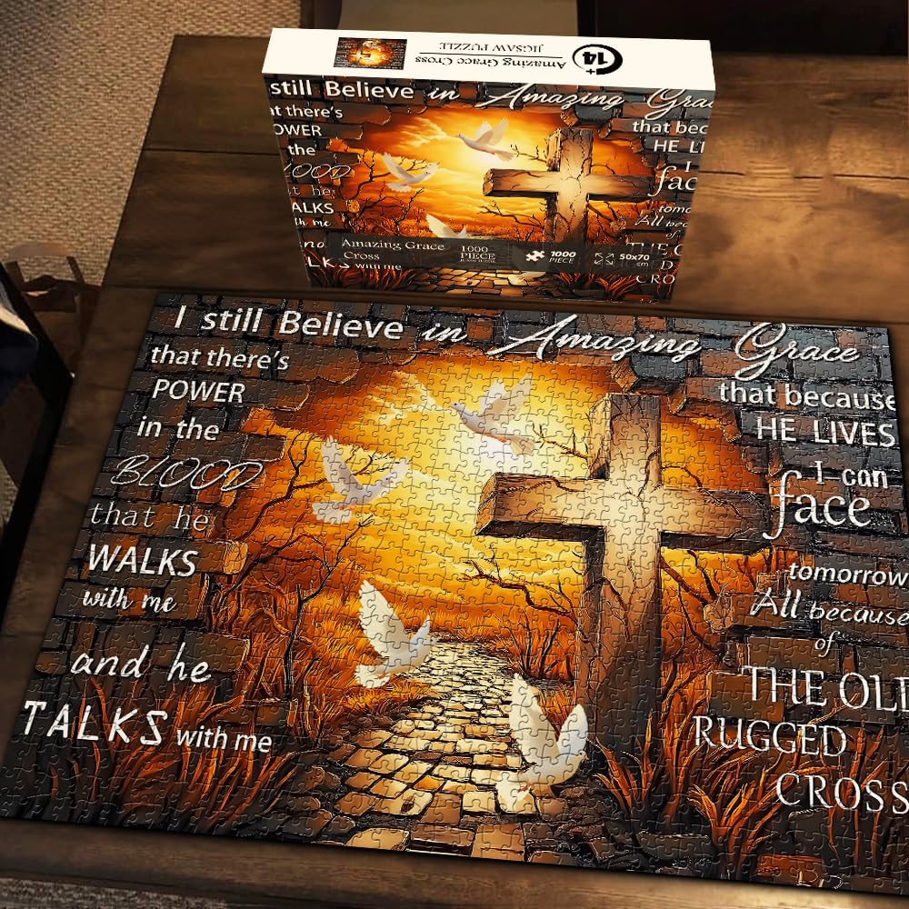 PICKFORU Amazing Grace 1000-Piece Jigsaw Puzzle – Christian Cross with Doves – Religious Puzzle for Adults