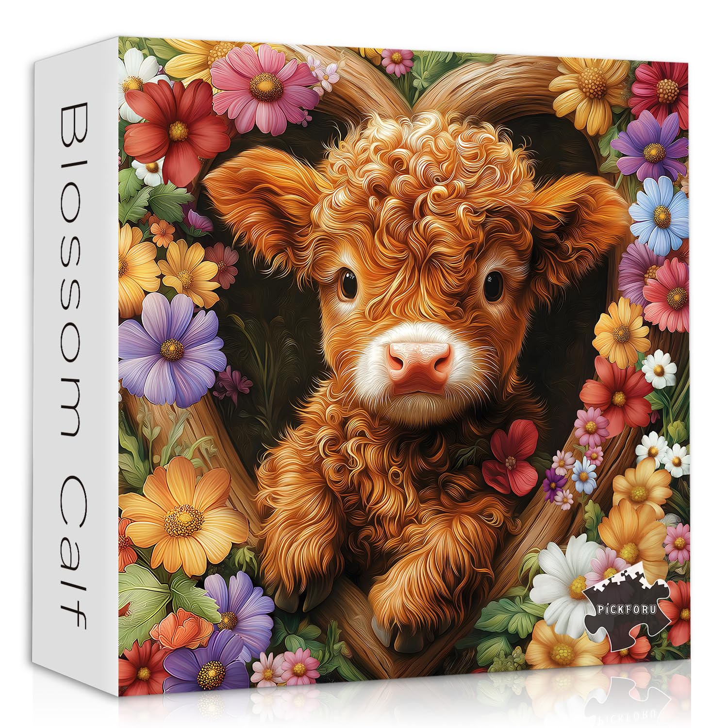 PICKFORU Blossom Calf Puzzle 1000 Pieces – Highland Cow Floral Jigsaw for Adults