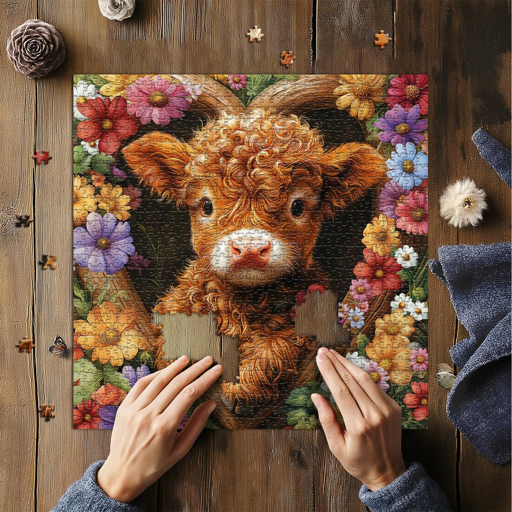 PICKFORU Blossom Calf Puzzle 1000 Pieces – Highland Cow Floral Jigsaw for Adults