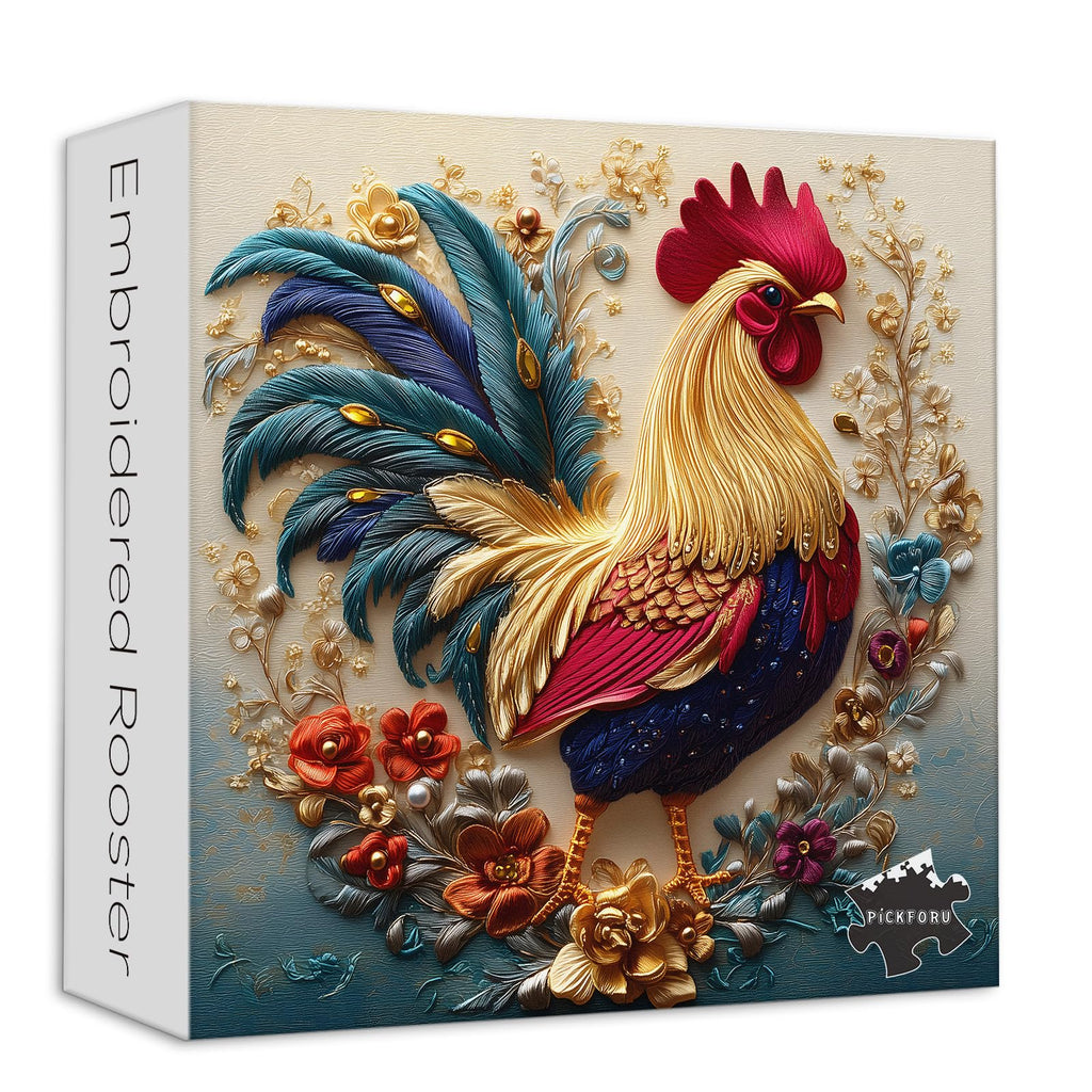 PICKFORU Rooster 1000 Piece Puzzle: Embroidery Art Chicken Jigsaw with Flower Motif