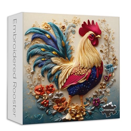PICKFORU Rooster 1000 Piece Puzzle: Embroidery Art Chicken Jigsaw with Flower Motif