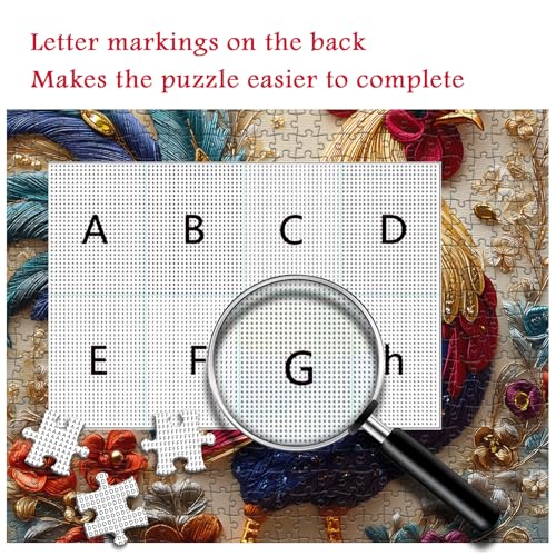PICKFORU Rooster 1000 Piece Puzzle: Embroidery Art Chicken Jigsaw with Flower Motif