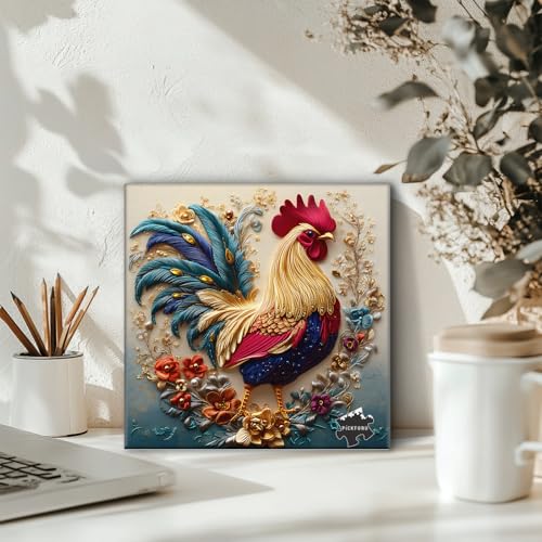 PICKFORU Rooster 1000 Piece Puzzle: Embroidery Art Chicken Jigsaw with Flower Motif