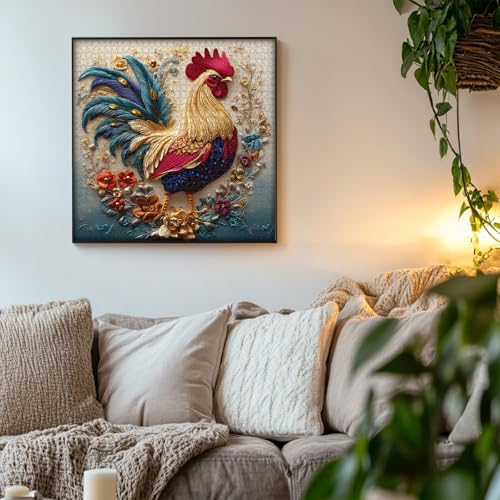 PICKFORU Rooster 1000 Piece Puzzle: Embroidery Art Chicken Jigsaw with Flower Motif