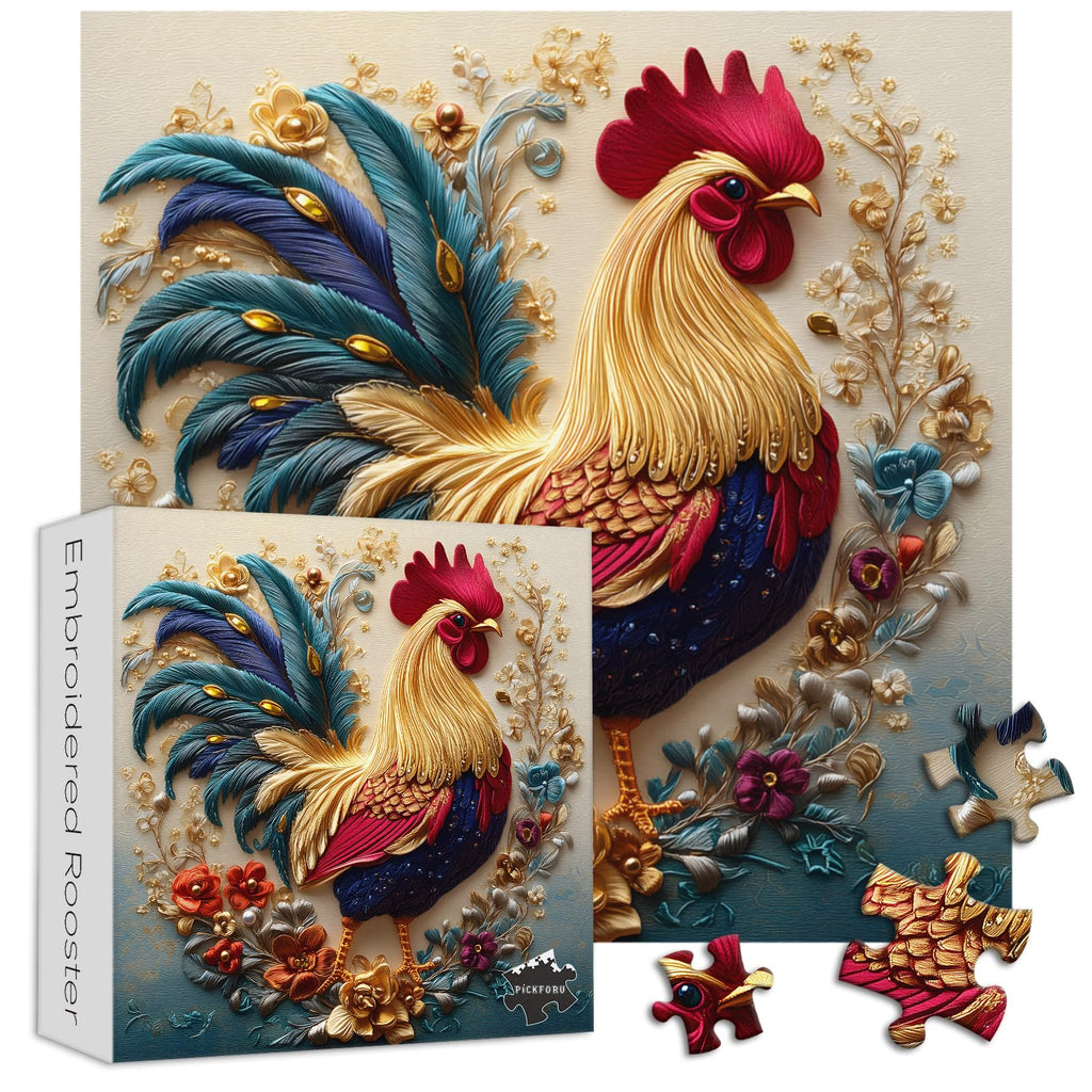 PICKFORU Rooster 1000 Piece Puzzle: Embroidery Art Chicken Jigsaw with Flower Motif
