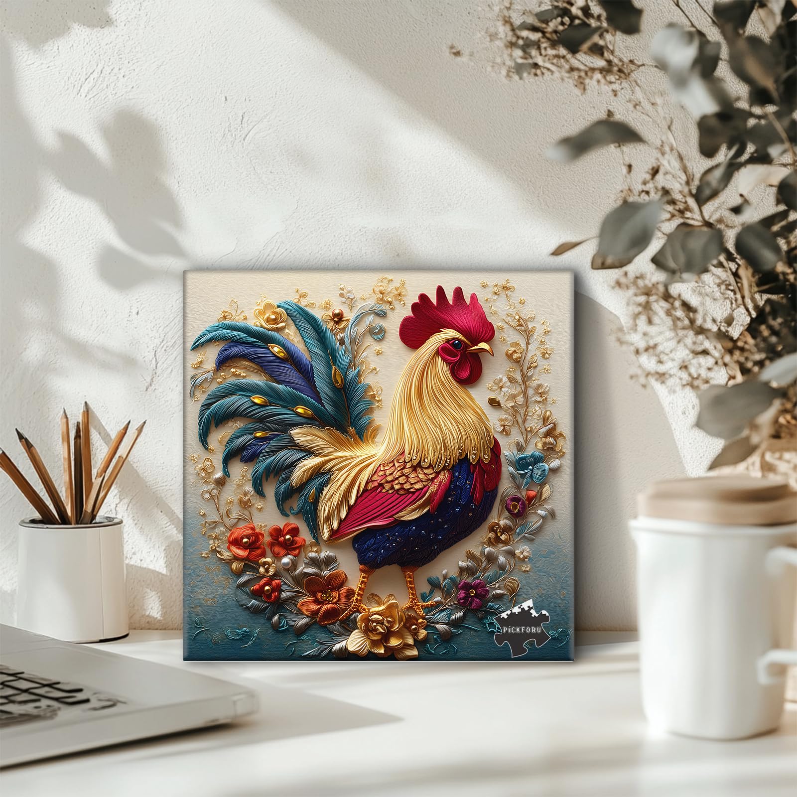 PICKFORU Rooster 1000 Piece Puzzle: Embroidery Art Chicken Jigsaw with Flower Motif