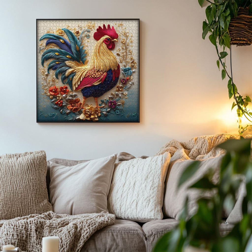 PICKFORU Rooster 1000 Piece Puzzle: Embroidery Art Chicken Jigsaw with Flower Motif