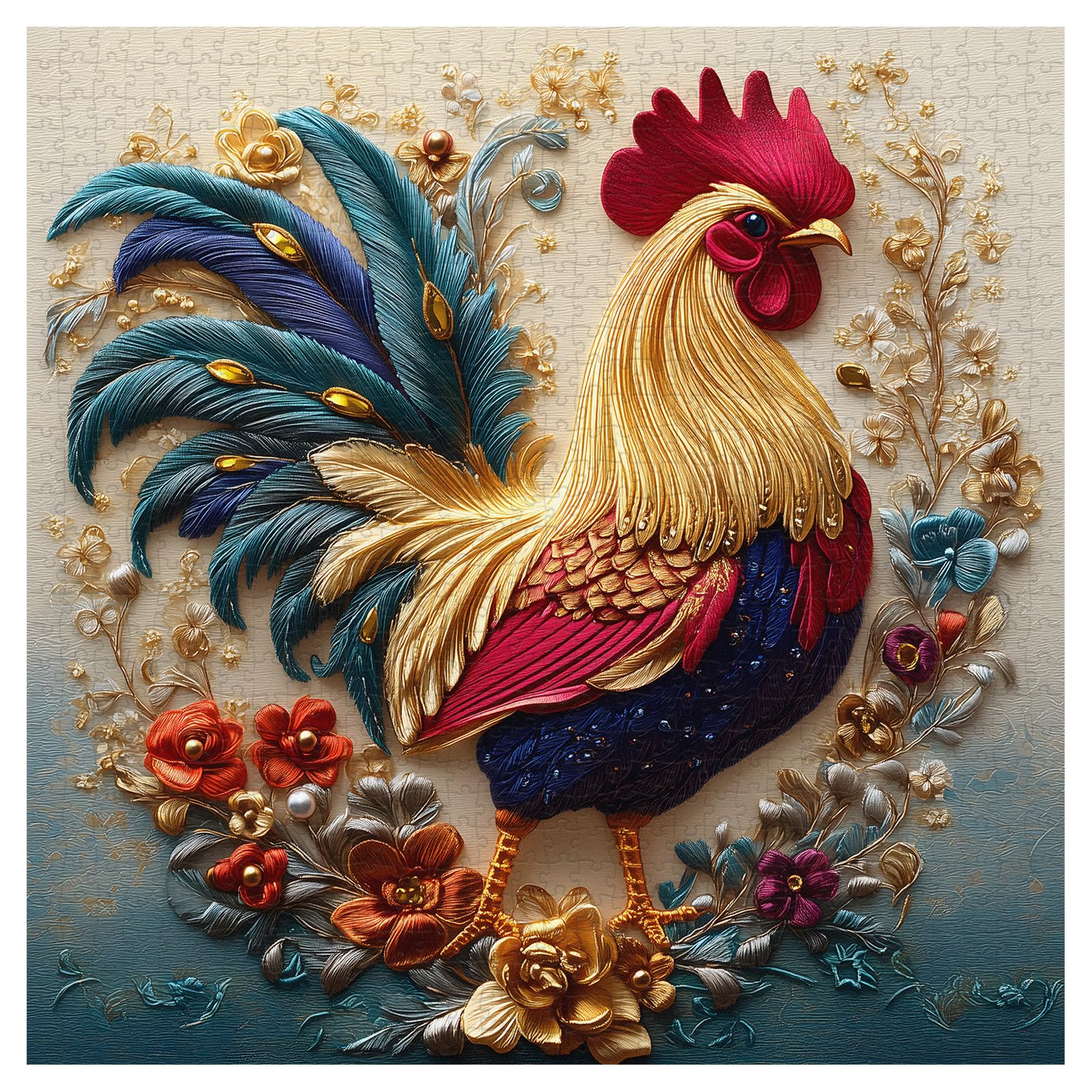PICKFORU Rooster 1000 Piece Puzzle: Embroidery Art Chicken Jigsaw with Flower Motif