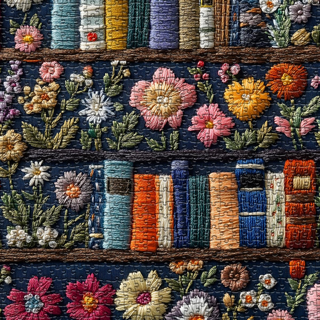 PICKFORU Wildflower Pages 1000 Piece Jigsaw Puzzle – Embroidery-Style Floral Bookshelf Decor for Adults