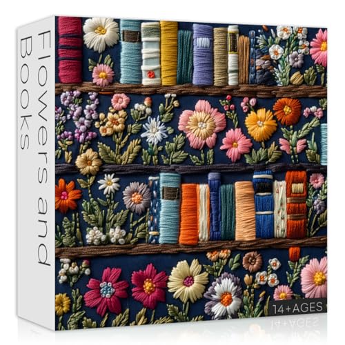 PICKFORU Wildflower Pages 1000 Piece Jigsaw Puzzle – Embroidery-Style Floral Bookshelf Decor for Adults