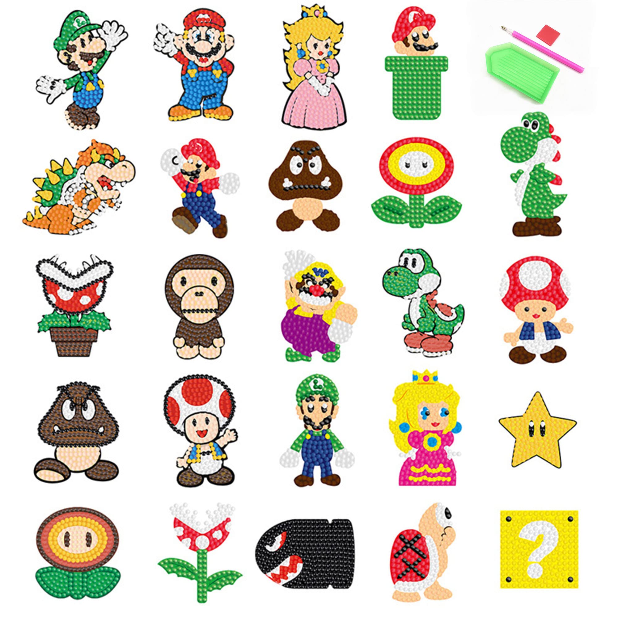 PICNICFUN 5D Diamond Painting Stickers for Kids - 24 Cute Cartoon & Animal Mosaic Craft Kits with Tools