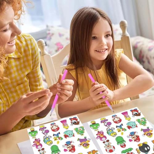 PICNICFUN 5D Diamond Painting Stickers for Kids - 24 Cute Cartoon & Animal Mosaic Craft Kits with Tools