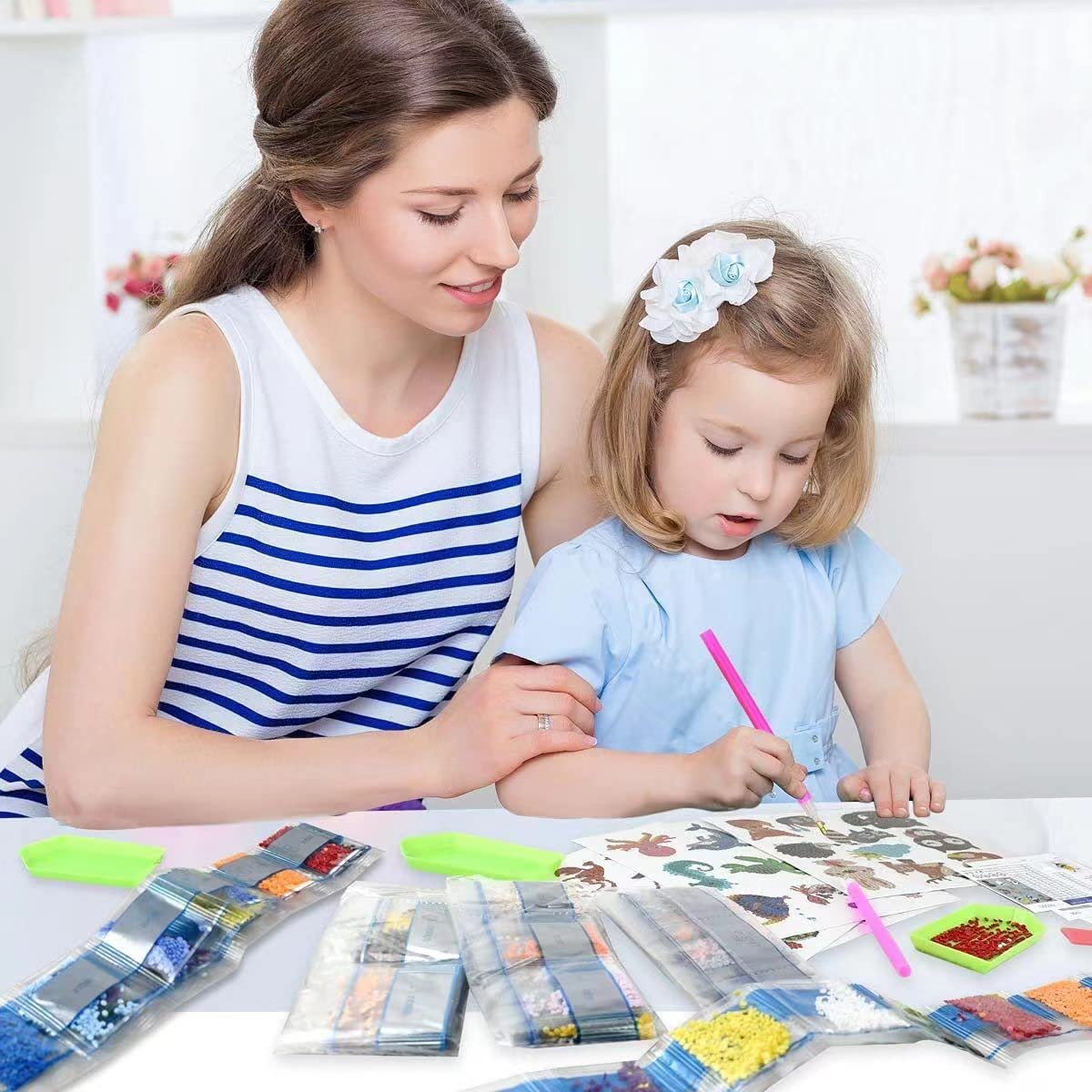 PICNICFUN 5D Diamond Painting Stickers for Kids - 24 Cute Cartoon & Animal Mosaic Craft Kits with Tools