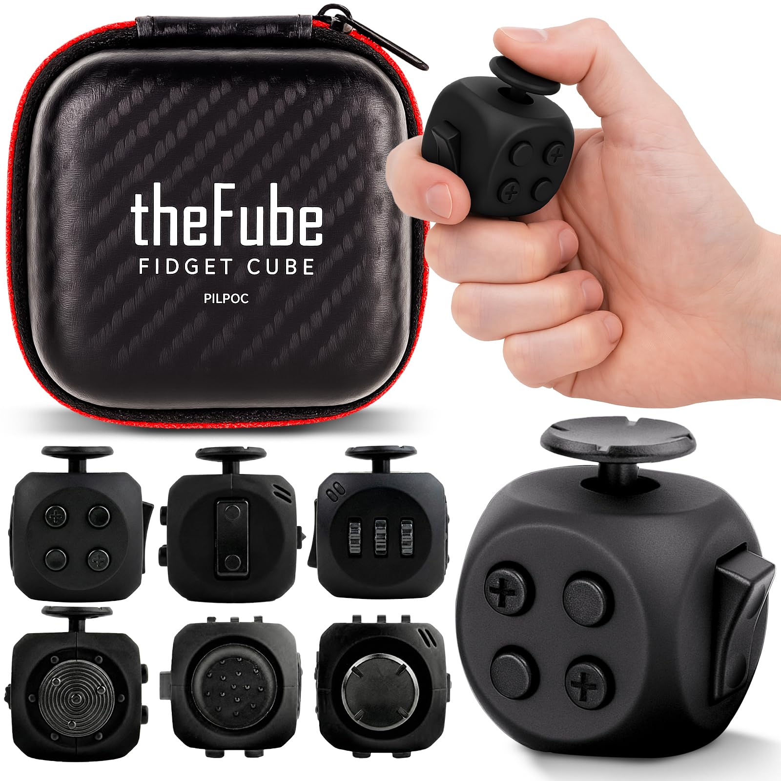 PILPOC theFube Fidget Cube – 6-Sided Stress Relief Toy with Silent & Audible Modes, Midnight