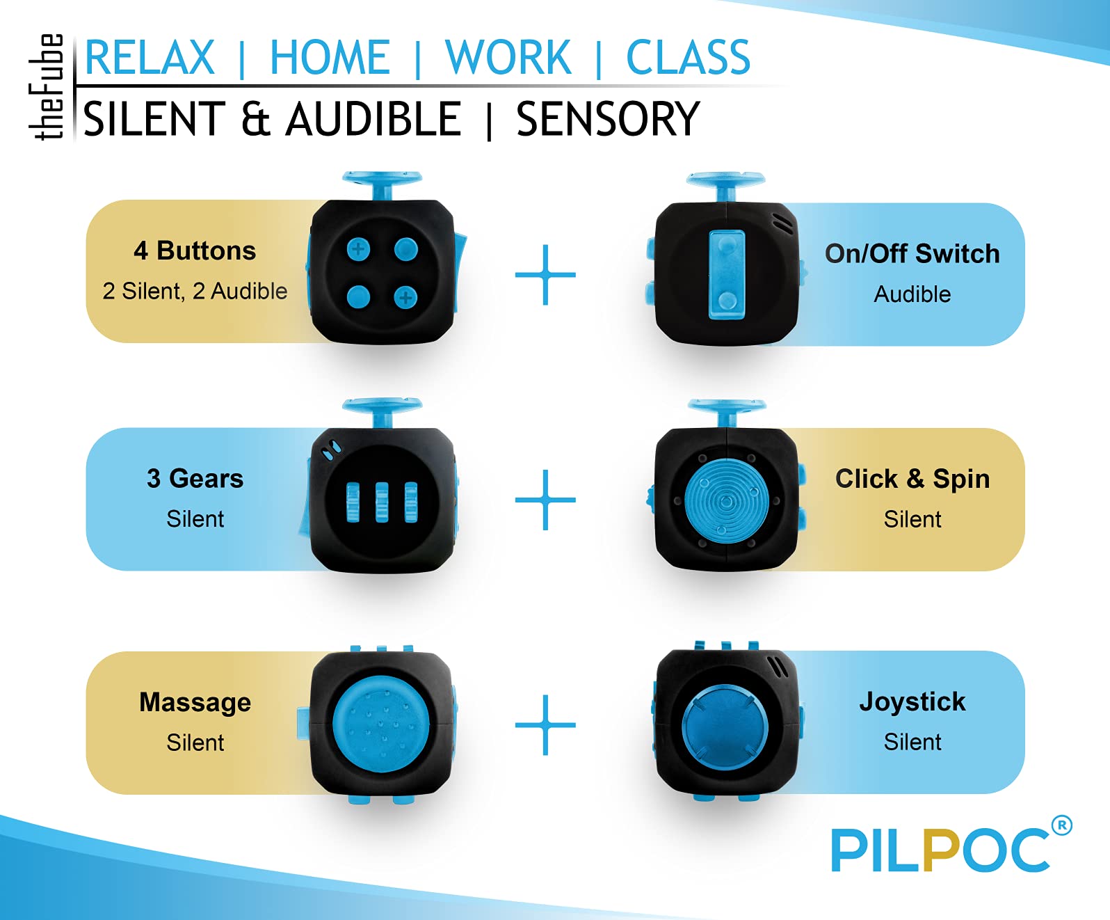 PILPOC theFube Fidget Cube – 6-Sided Stress Relief Toy with Silent & Audible Modes, Midnight