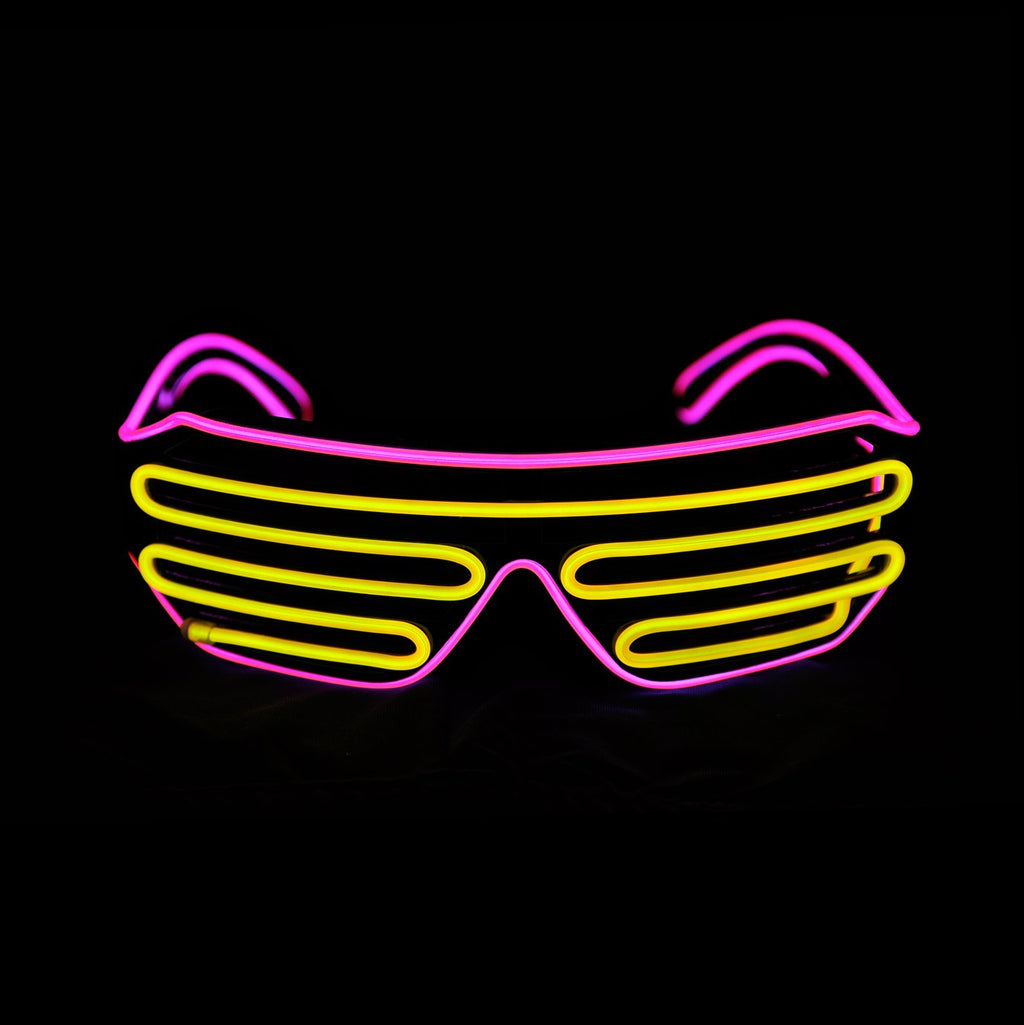 PINFOX Light Up Shutter Neon Glasses – Pink & Yellow EL Wire LED Sunglasses for Rave, 80s, EDM