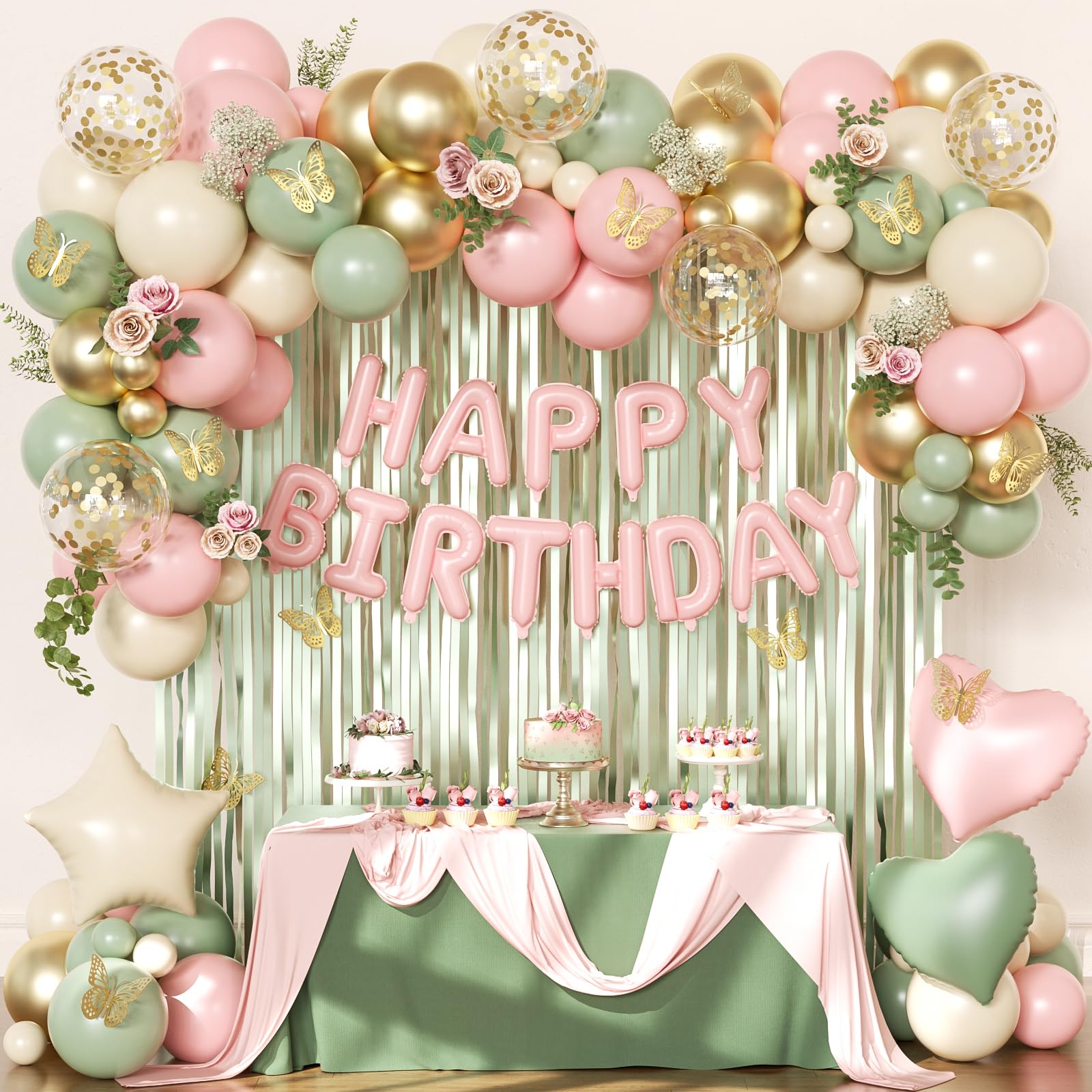 Pink and Green Birthday Decorations Set - Sage Green, Gold Confetti Balloons, Butterfly Wall Decor, Fringe Curtain for Women Girls