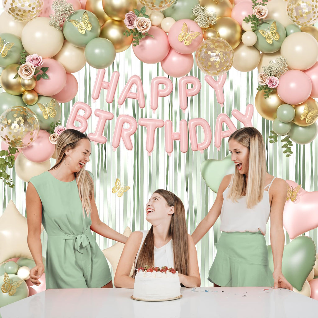 Pink and Green Birthday Decorations Set - Sage Green, Gold Confetti Balloons, Butterfly Wall Decor, Fringe Curtain for Women Girls