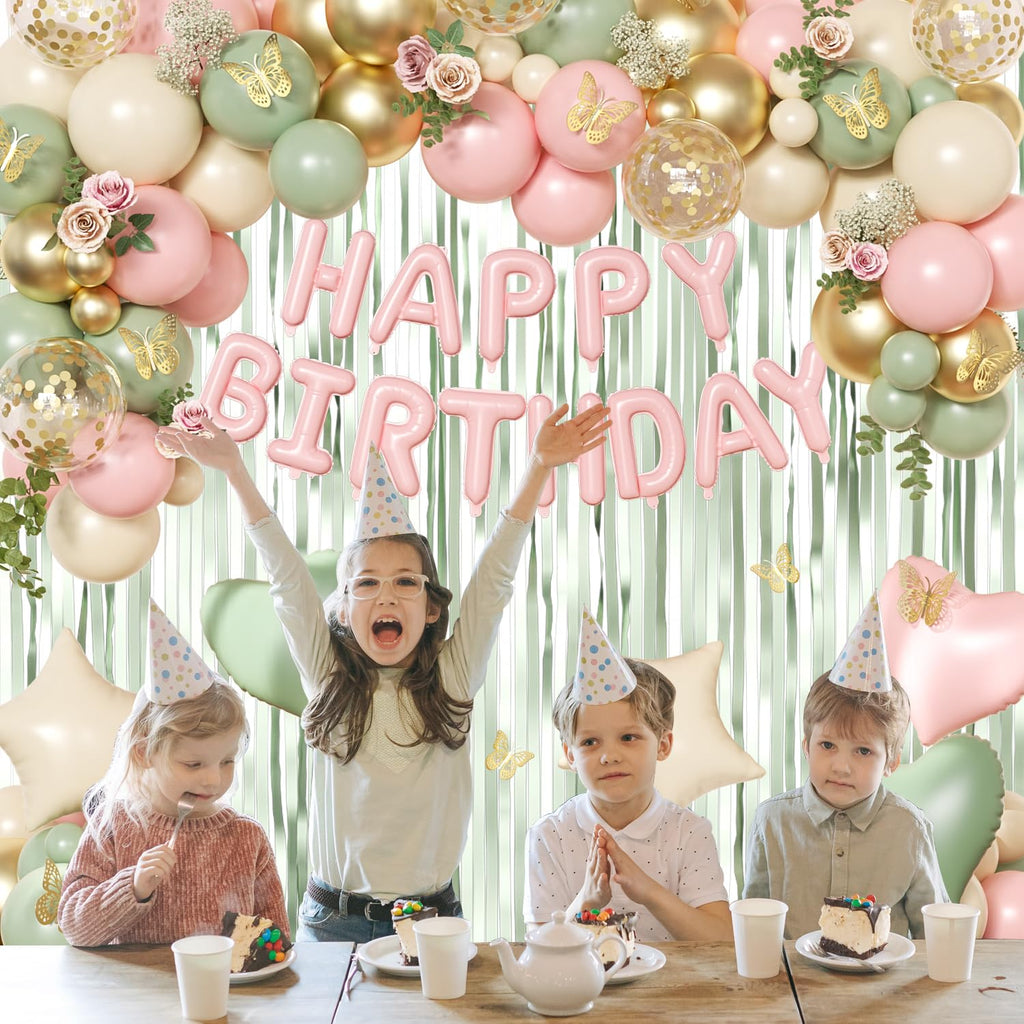 Pink and Green Birthday Decorations Set - Sage Green, Gold Confetti Balloons, Butterfly Wall Decor, Fringe Curtain for Women Girls