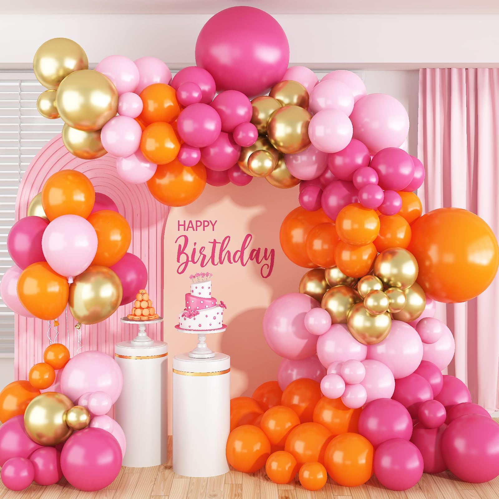 Pink and Orange Balloon Arch Kit – 122 Pcs with Gold, Glue Dots & String for Summer Tropical Party