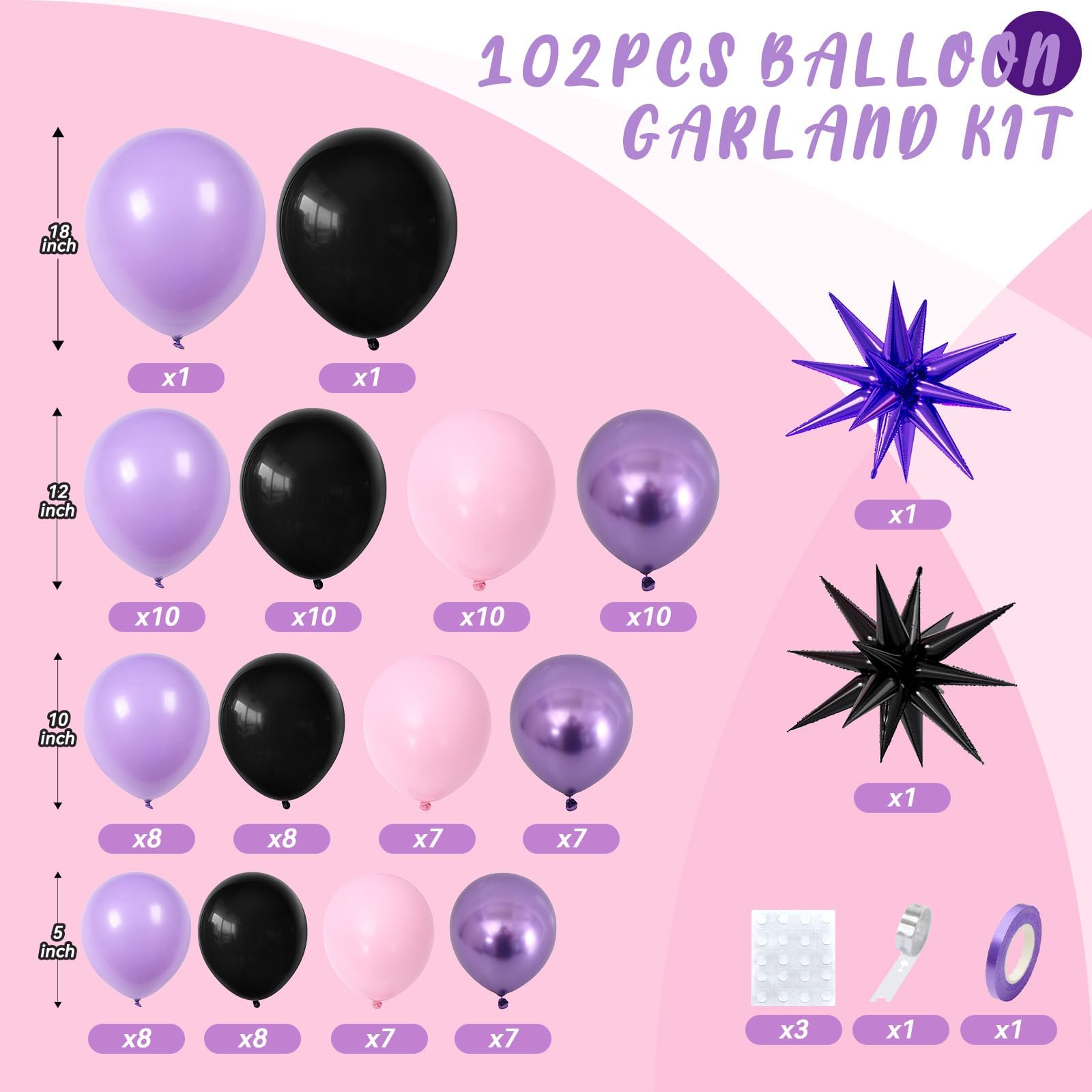Pink and Purple Balloon Arch Garland Kit with Star Foil Balloons – 102-Piece Party Decor Set