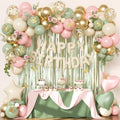 Pink and Sage Green Birthday Decoration Set - 122 Pieces with Balloons, Foil Curtains & Gold Butterflies