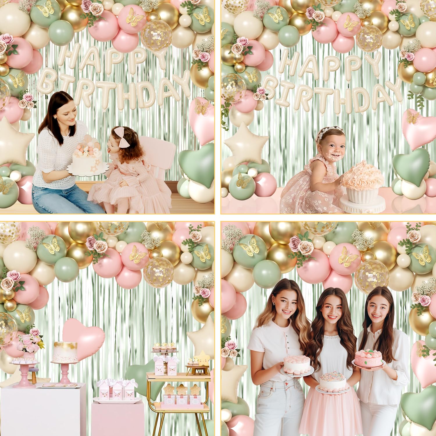 Pink and Sage Green Birthday Decoration Set - 122 Pieces with Balloons, Foil Curtains & Gold Butterflies