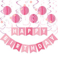 Pink Birthday Decorations Kit 16-Piece Set by LITAUS – Pre-Strung Banner, Honeycomb Balls & Paper Garland for Women, Girls, Teens, Adults