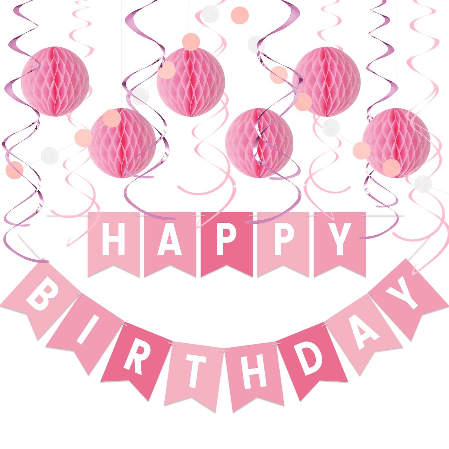 Pink Birthday Decorations Kit 16-Piece Set by LITAUS – Pre-Strung Banner, Honeycomb Balls & Paper Garland for Women, Girls, Teens, Adults